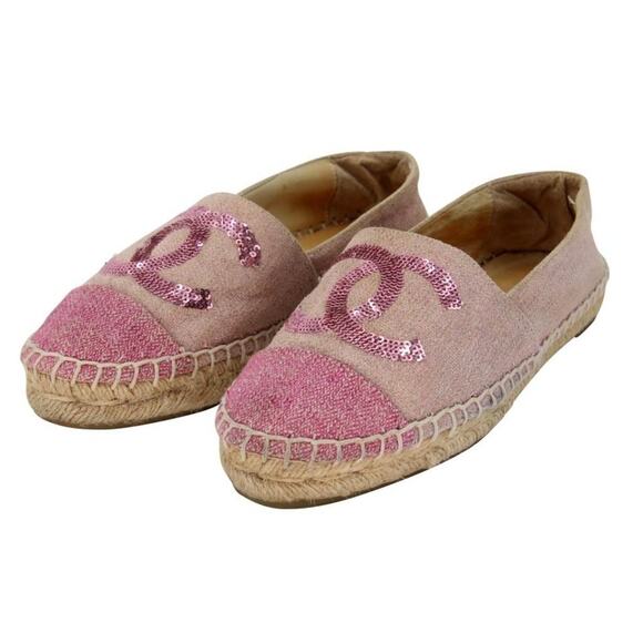 Chanel Espadrille 37 Leather Glitter Fabric Cc Cap Toe Flats CC-0220N-0040 - Picture 4 of 12